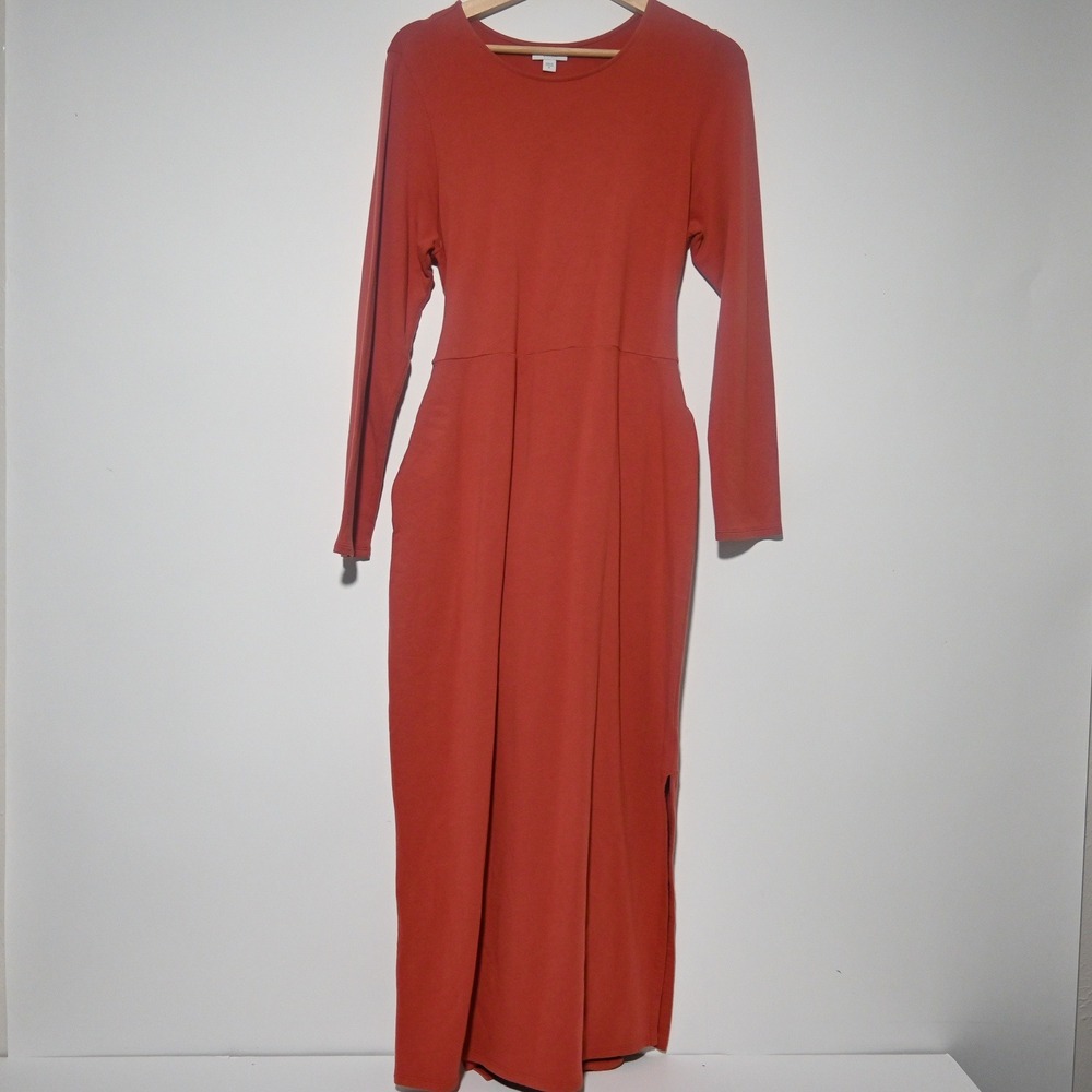 Pure Jill Maxi Dress Womens Long Sleeve Pima Cotton Slit M Terracotta